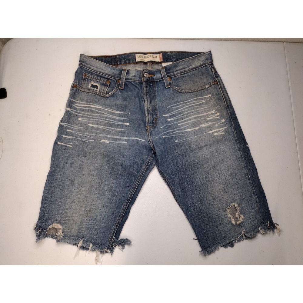 Levis 527 Low Boot Cut Distressed Denim Shorts Jorts Paint Splatter Mens 32